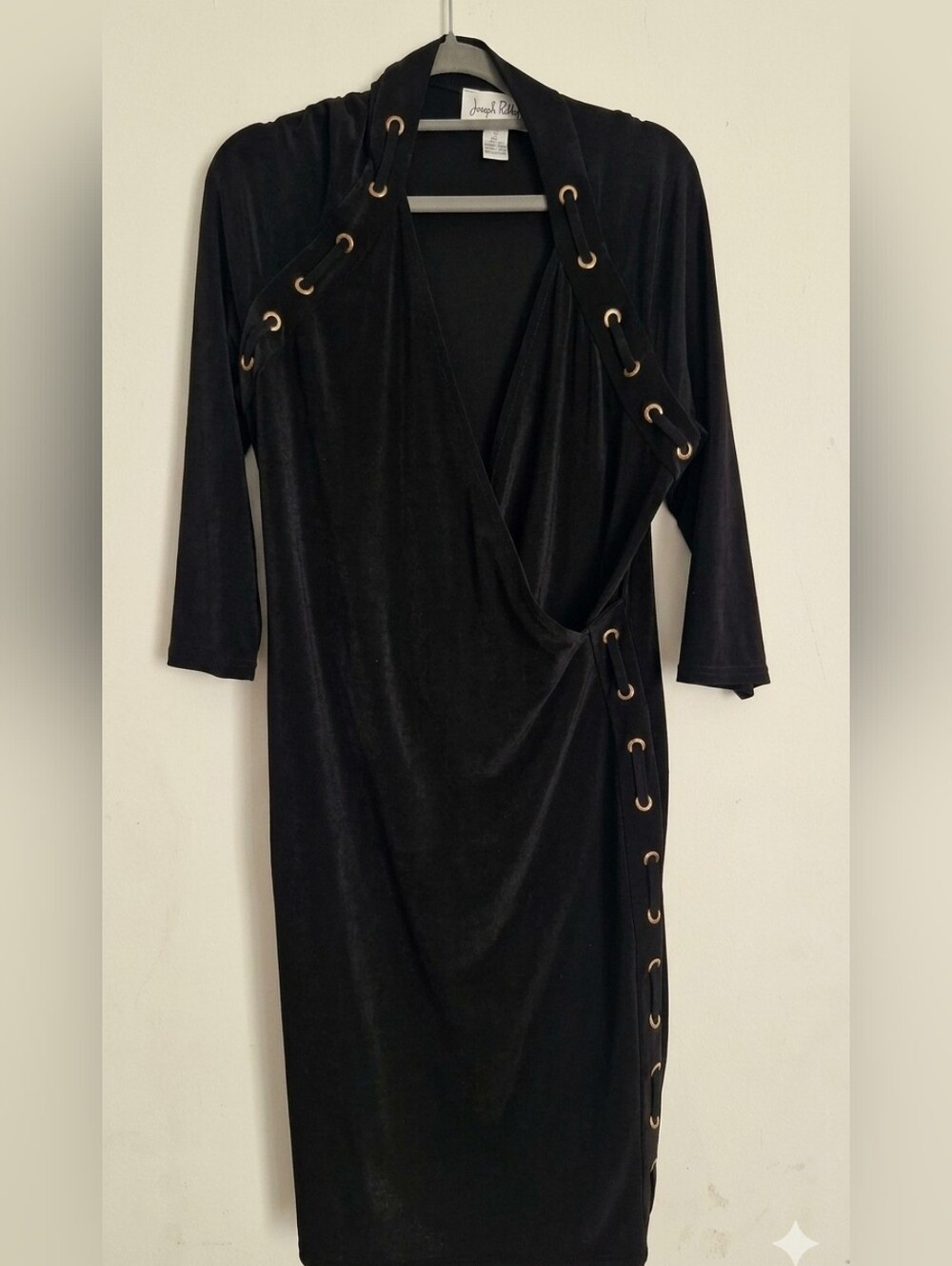 Joseph Ribkoff Black Wrap Dress Gold Grommet Detail 3/4 Sleeve Midi Dress - Picture 3 of 7